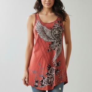 Gorgeous Embellished Vocal Red Sleeveless Graphic Tunic Tank Top Size M